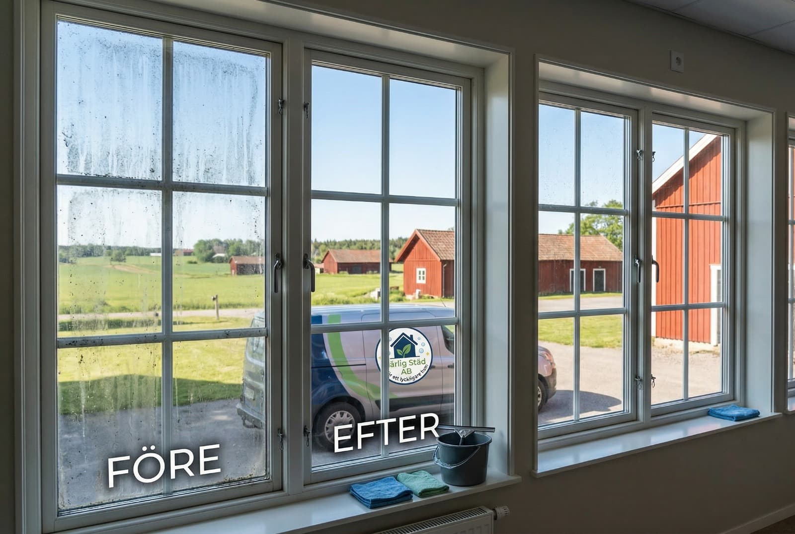 Three windows: the left pane is dirty and the two right panes are clean, with before-and-after wording visible on the photo.